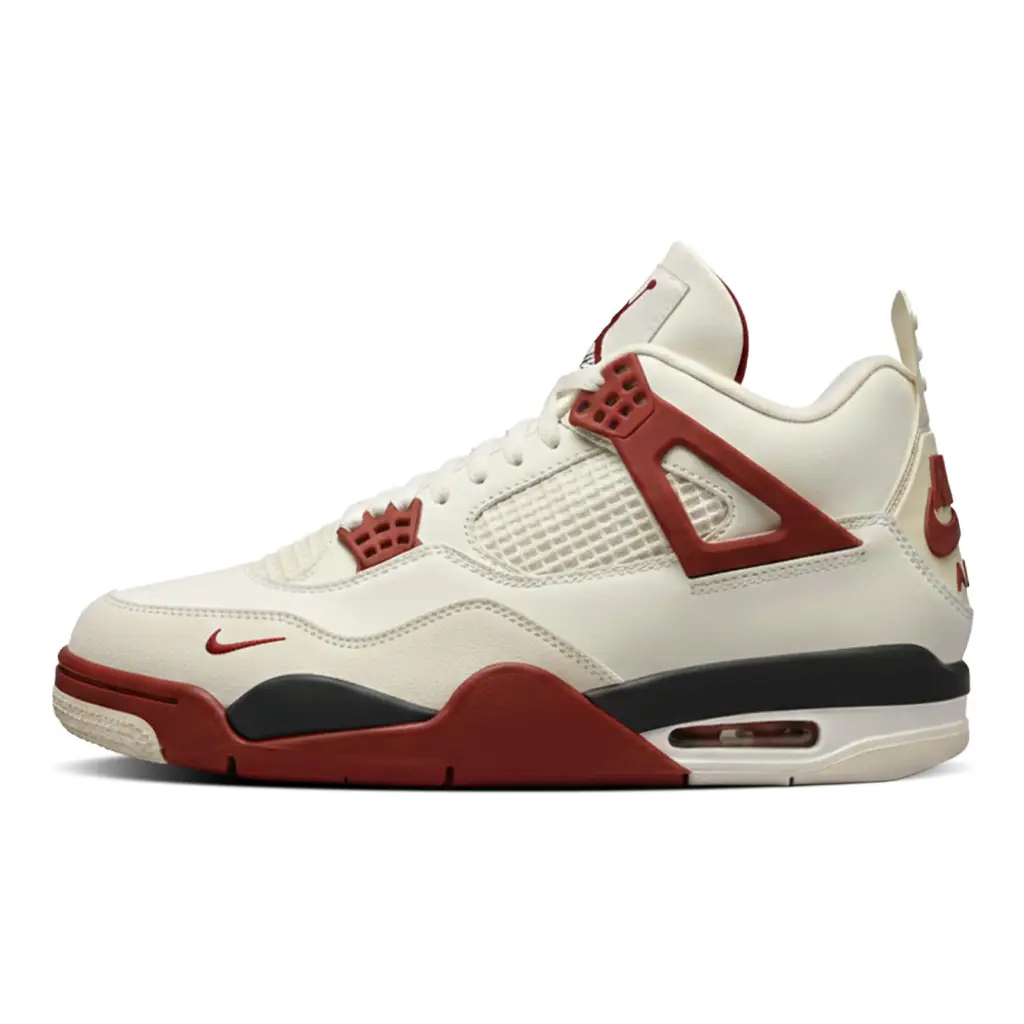 Nigel Sylvester x Air Jordan 4 Brick After Brick lateral view showing Sail leather upper with Cinnabar mini Swoosh and red lace cage