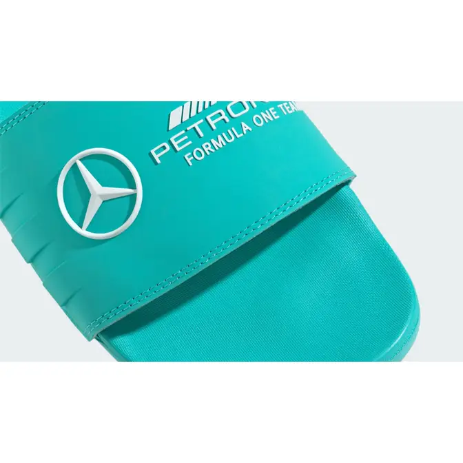adidas Adilette Comfort Slides Mercedes AMG Petronas Formula One Team Semi Mint Rush Closeup