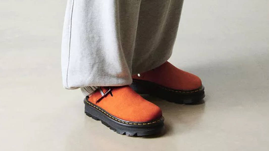Dr. Martens Zebzag Suede Platform Mules Orange 31937800 on feet