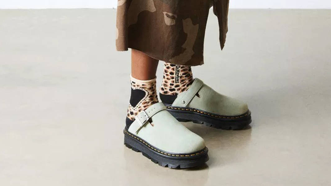 Dr. Martens Zebzag Suede Platform Mules Sage Green 31937300 on feet