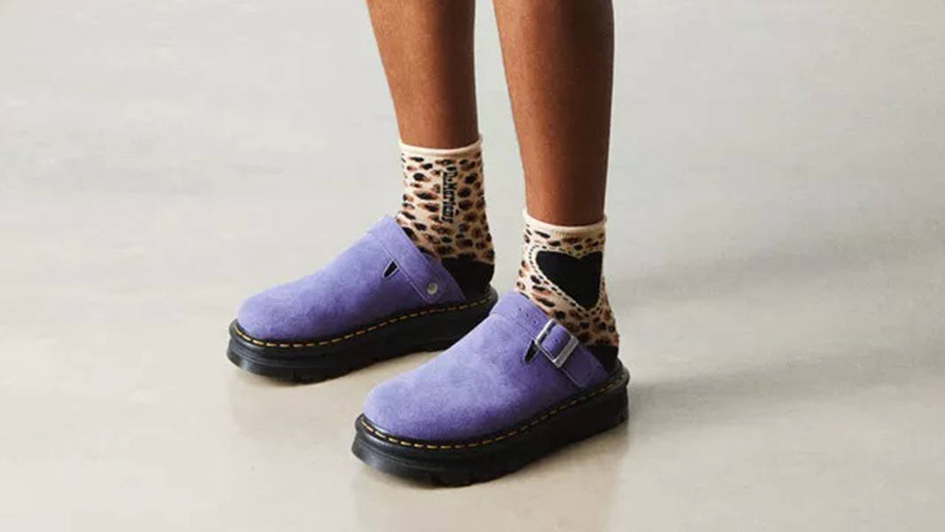 Dr. Martens Zebzag Suede Platform Mules Twilight Purple 31937500 on feet