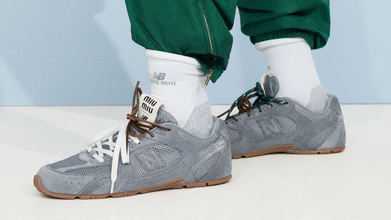 Miu Miu x New Balance 530 SL Grey Gum on foot