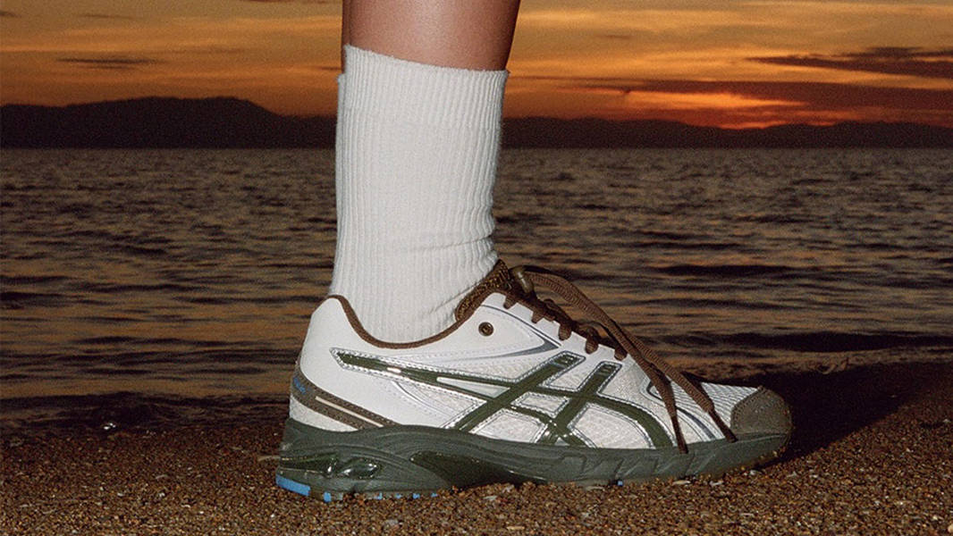 Temptation Vacation x ASICS GEL-DS Trainer 14 Cream Olive Canvas 1203A810-101 on feet