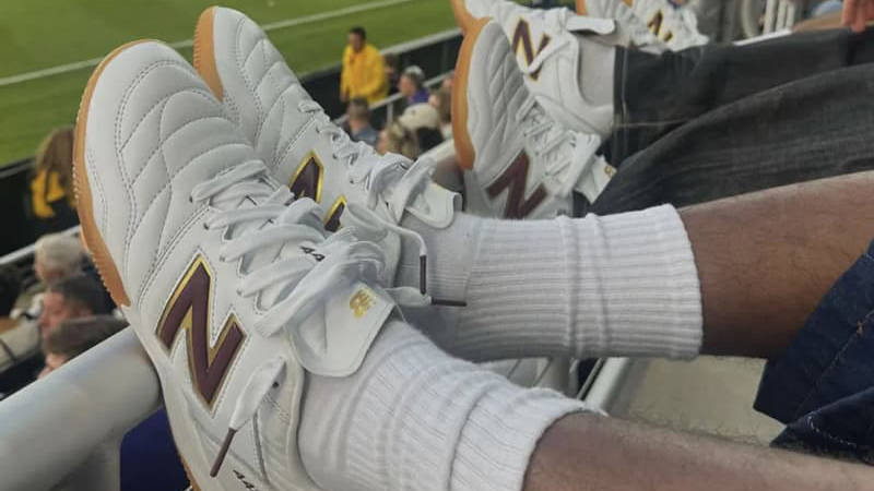 Jack Harlow x New Balance 442 V2 Pro Indoor White Gold on foot