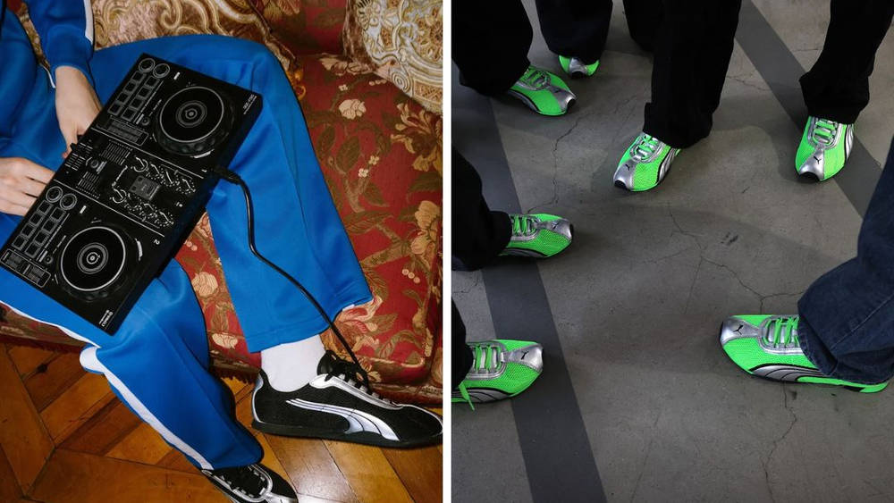 Images via @_cosmic_studio and @sizeofficial on-feet shots of the PUMA H-Street green and black colourway