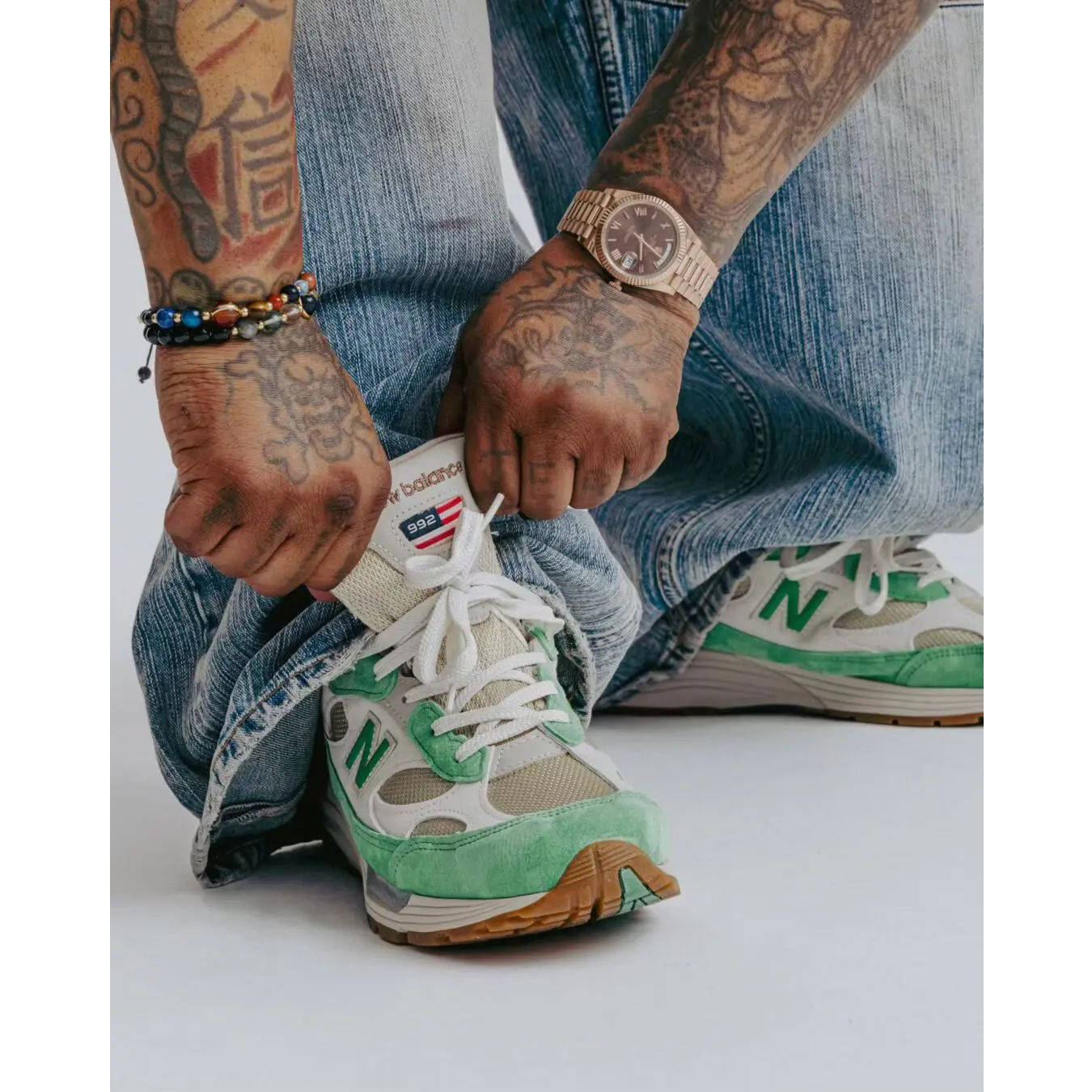 New Balance 992 Mint Gum on foot