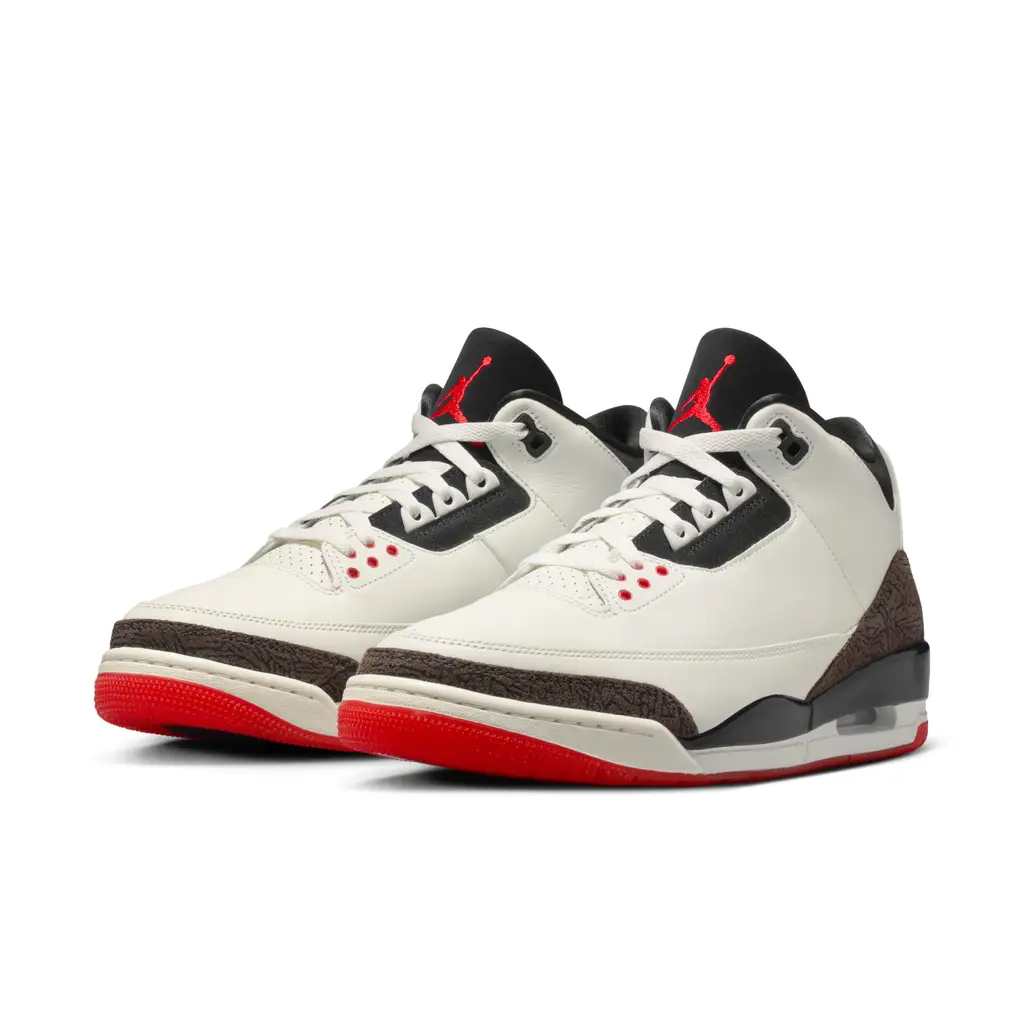 Air Jordan 3 World's Best Dad IF4396-103 hero image showing Sail leather upper with locker room carpet jacquard overlays and translucent red outsole