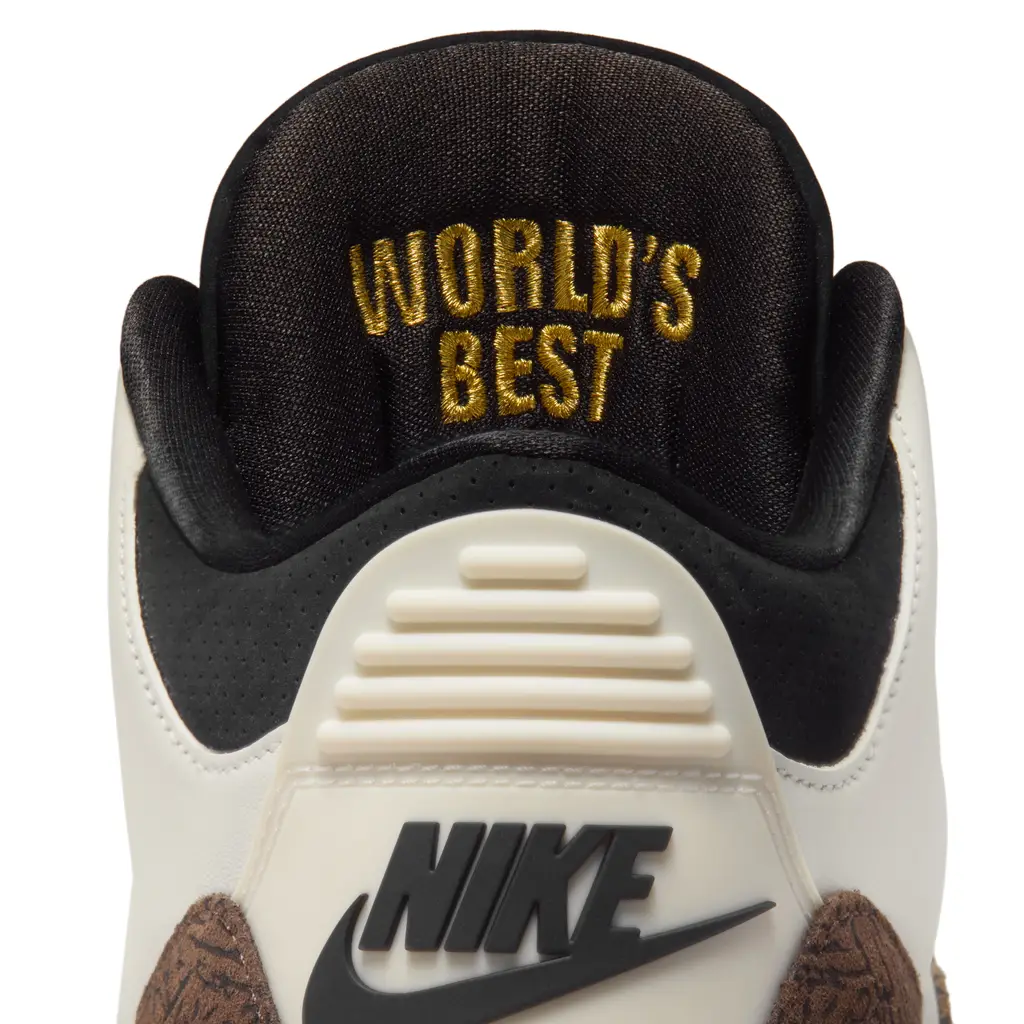 Air Jordan 3 World's Best Dad tongue detail showing World's Best hidden text embroidery inside the tongue and Jumpman logo