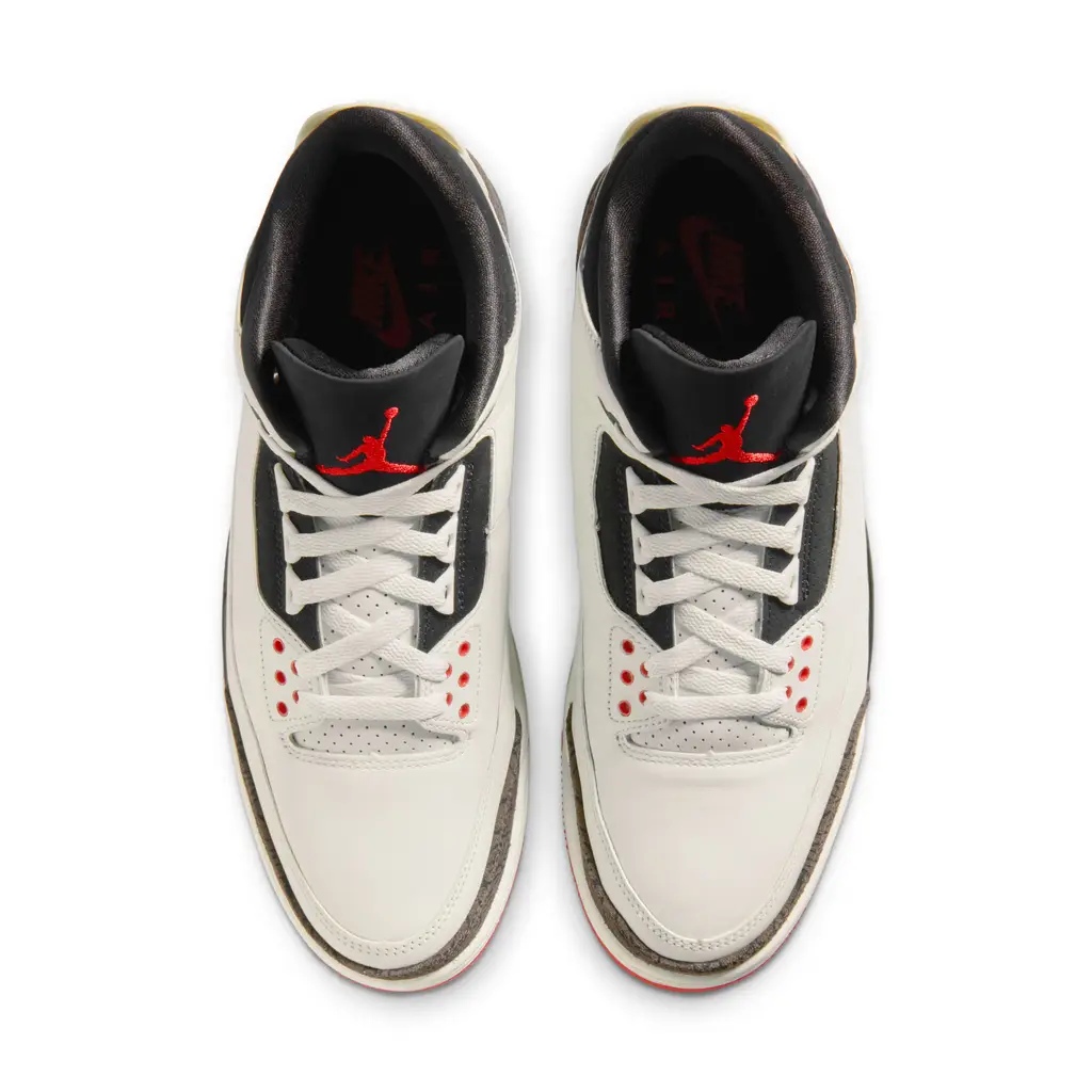 Air Jordan 3 World's Best Dad top down view showing Sail leather with black lace panel and carpet jacquard pattern detail
