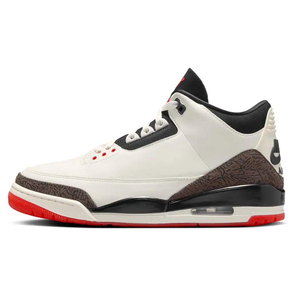 Air Jordan 3 World's Best Dad lateral view showing Sail leather upper with locker room carpet jacquard toe overlay and University Red Jumpman