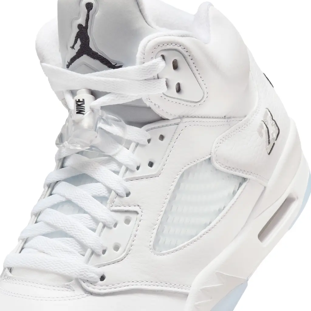 Air Jordan 5 OG White Metallic outsole showing icy blue translucent herringbone sole and silver shark teeth midsole detail