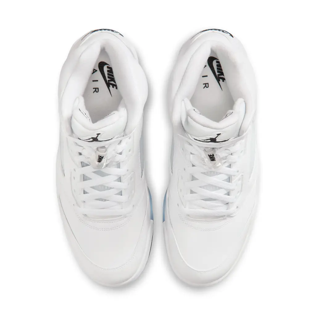 Air Jordan 5 OG White Metallic top down view showing Jumpman tongue logo and transparent lace locks
