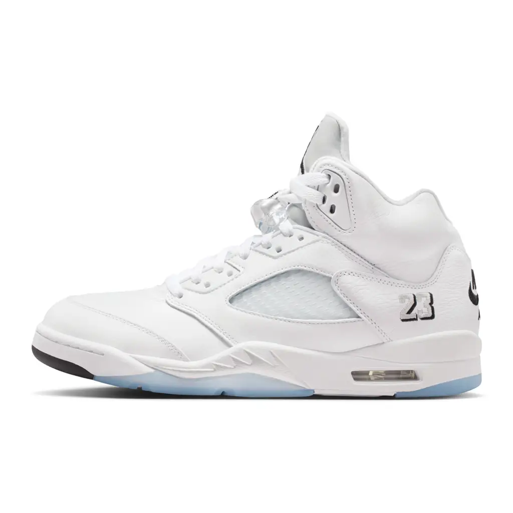 Air Jordan 5 OG White Metallic lateral view showing white leather upper with Metallic Silver tongue and translucent netting