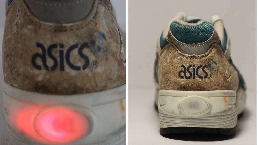 Image of Mott's first ASICS Sample with Light-Up element in heel John Mott ASICS light up shoe sample shown working