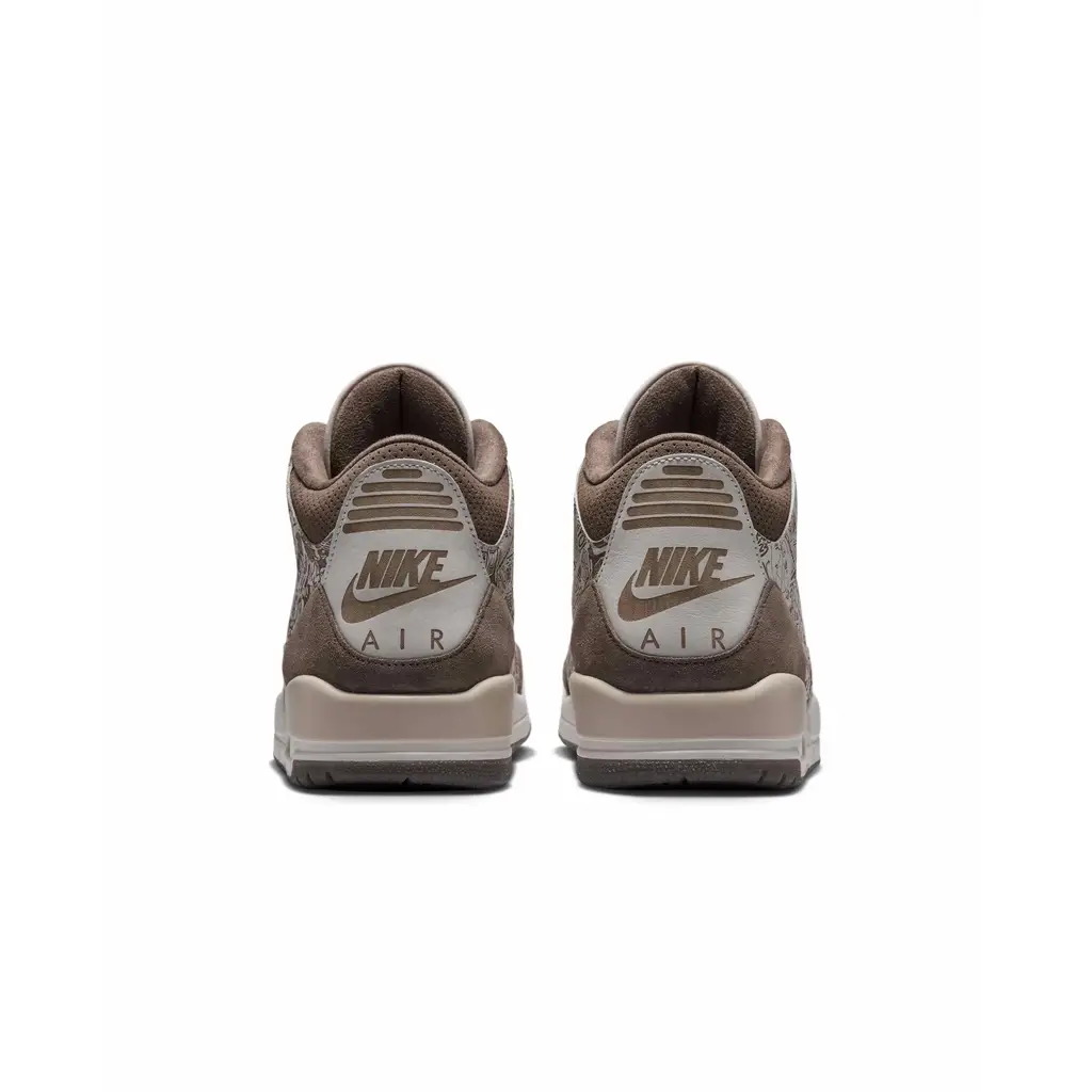 Air Jordan 3 Laser heel view showing brown suede counter and laser-inscribed Nike Air TPU branding
