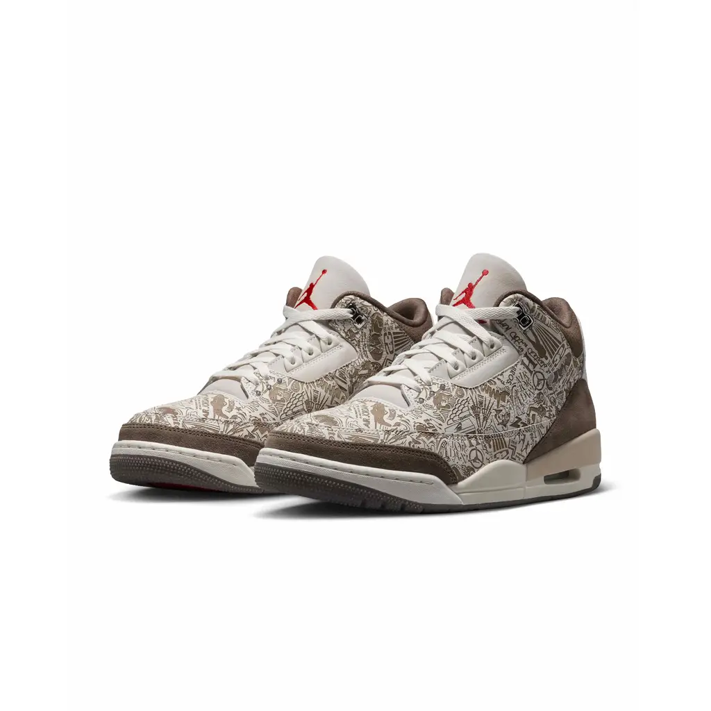 Air Jordan 3 Laser JA1369-001 hero image showing laser-etched leather upper with brown suede toe and heel and Nike Air heel branding