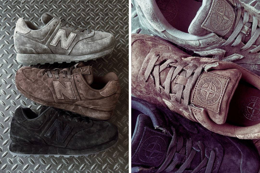 stone island x new balance 574 collection shot against metal grid