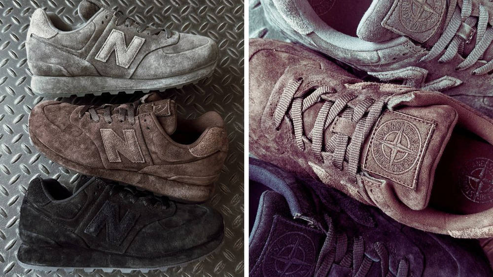 stone island x new balance 574 collection shot against metal grid