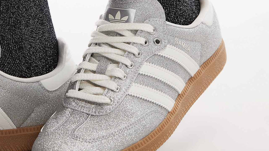 adidas Samba OG Silver Glitter On Foot Closeup
