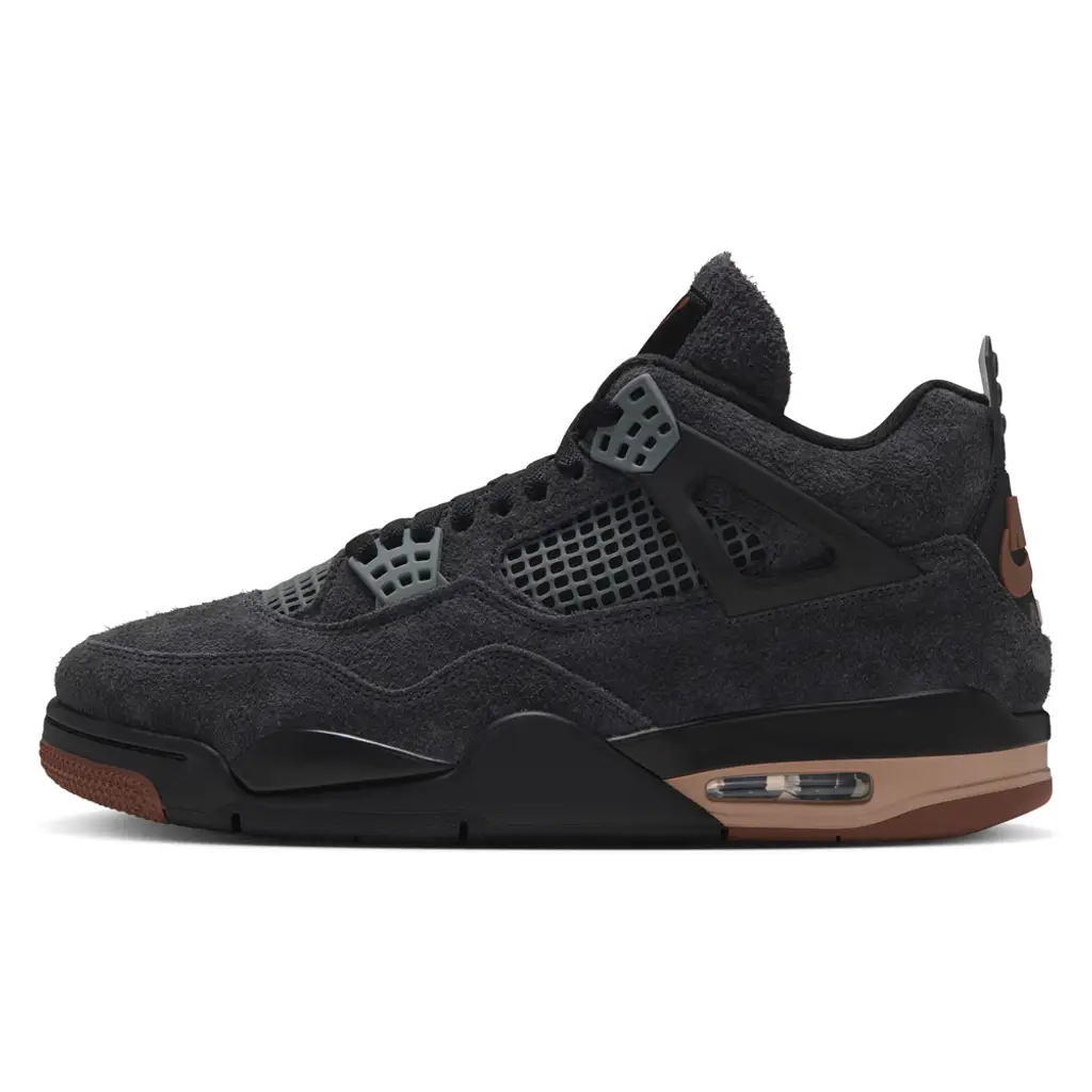 Air Jordan 4 London lateral view showing shaggy grey suede and hemp heel midsole wrap