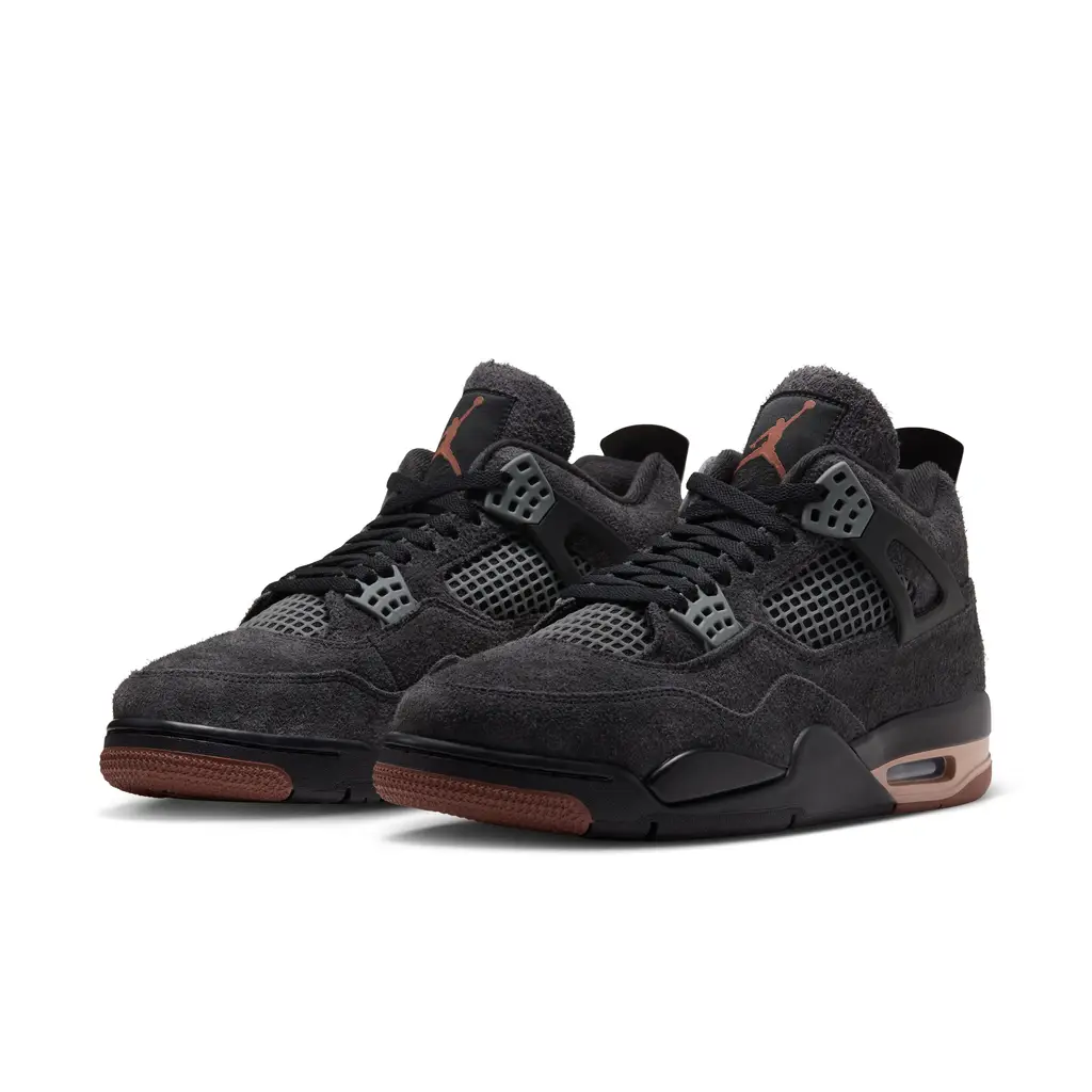 Air Jordan 4 London IV6048-001 hero image showing shaggy grey suede upper black wings and Nike LDN heel branding