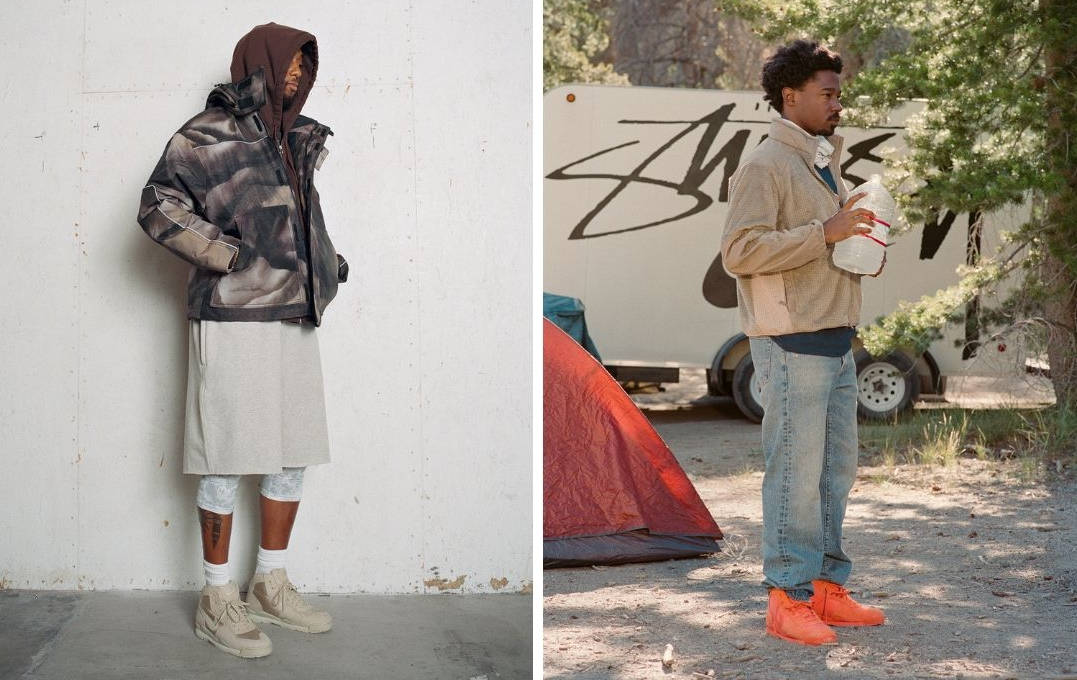 stussy x nike baltoro beige and orange editorial images