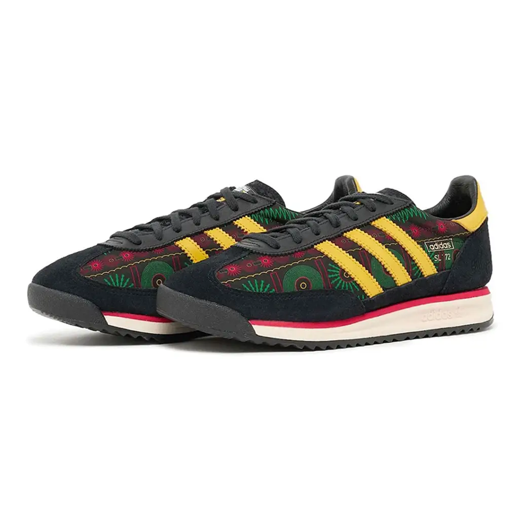 Bob Marley x adidas SL 72 black front view showing yellow stripes and patterned side panels