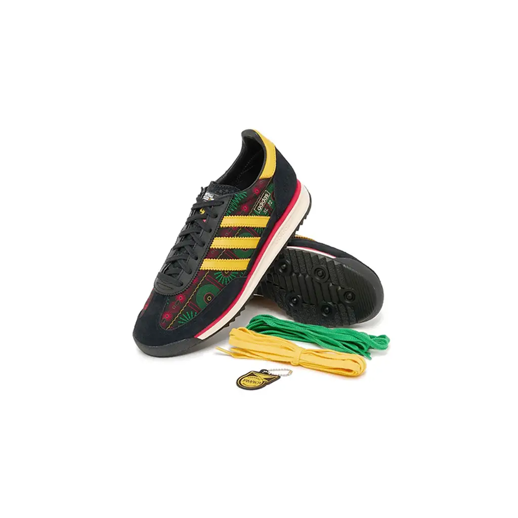 Bob Marley x adidas SL 72 lateral view showing yellow leather Three Stripes