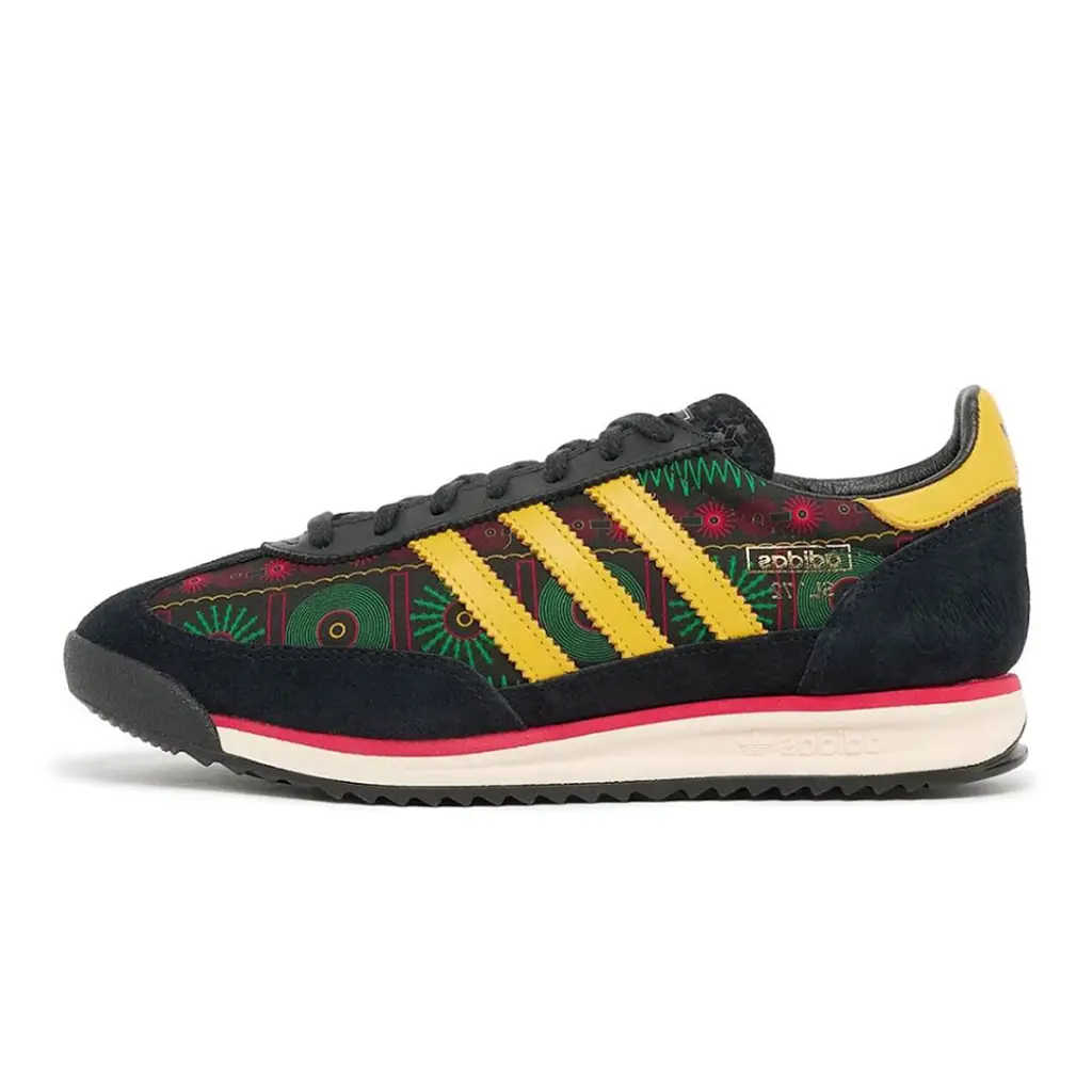 Bob Marley x adidas SL 72 side view with patterned textile panels