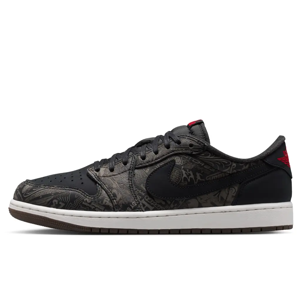 Air Jordan 1 Low OG Laser lateral view showing laser-etched leather panels with basketball graphic cut-outs