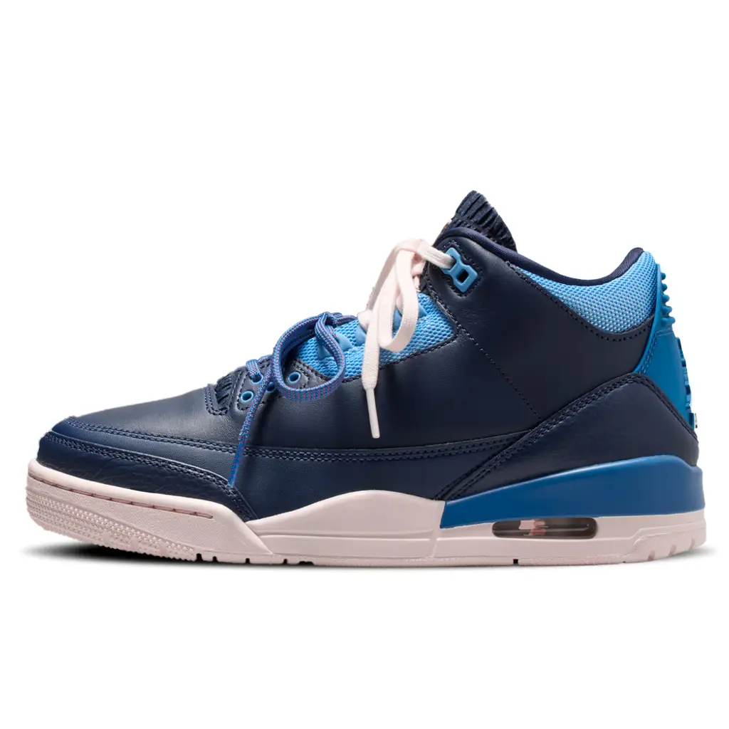 Air Jordan 3 Sports Renaissance lateral view showing Obsidian leather upper with navy elephant print and mesh collar detailing