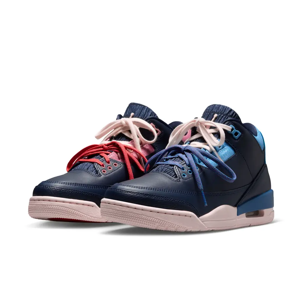 Air Jordan 3 Sports Renaissance CK9246-400 hero image showing asymmetric mismatched pair with Obsidian base pink and red left shoe blue right shoe and cream laces