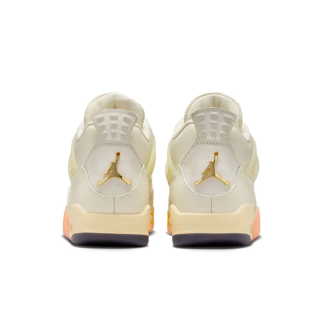 Air Jordan 4 Birds of Paradise heel detail showing metallic gold Jumpman badge and suede heel tab