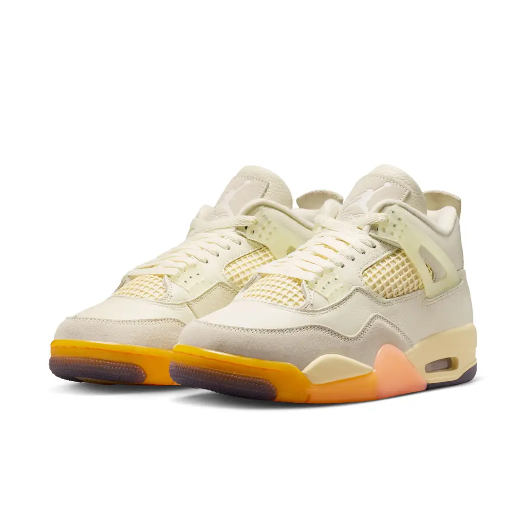 Air Jordan 4 Birds of Paradise HV0823-101 hero image showing Coconut Milk pebbled leather upper with translucent TPU wings and Bright Mango Sundial outsole