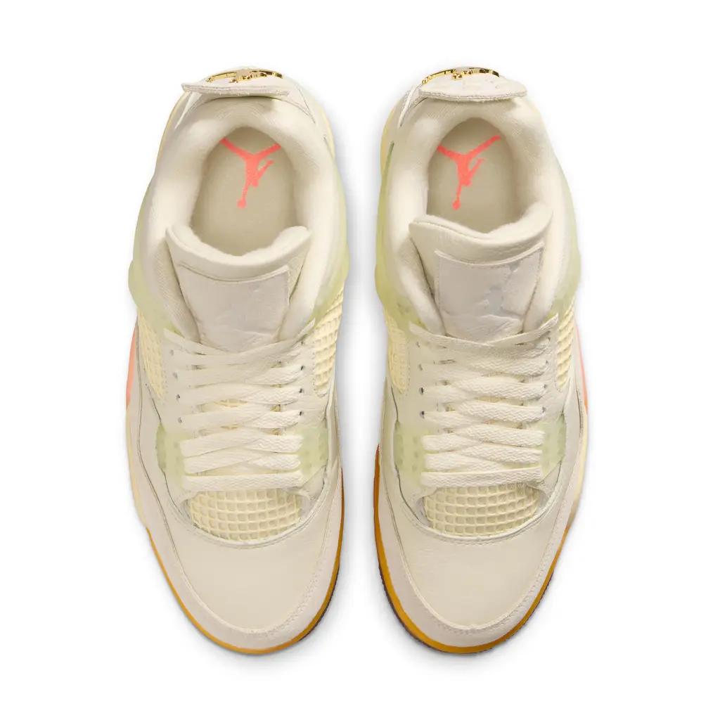 Air Jordan 4 Birds of Paradise top view showing suede tongue tag and metallic gold tongue branding