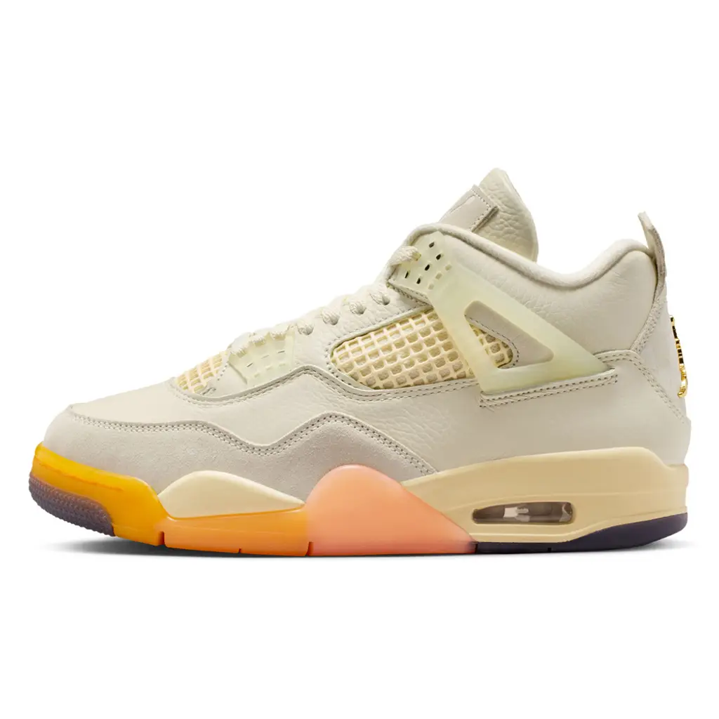 Air Jordan 4 Birds of Paradise lateral view showing Coconut Milk pebbled leather and translucent TPU wing