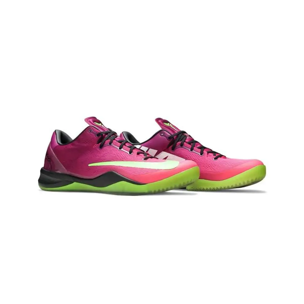 Nike Kobe 8 Protro Mambacurial IO6253-500 hero image showing pink-to-purple gradient engineered mesh upper Volt Swoosh at toe and oversized NIKE Futura medial branding