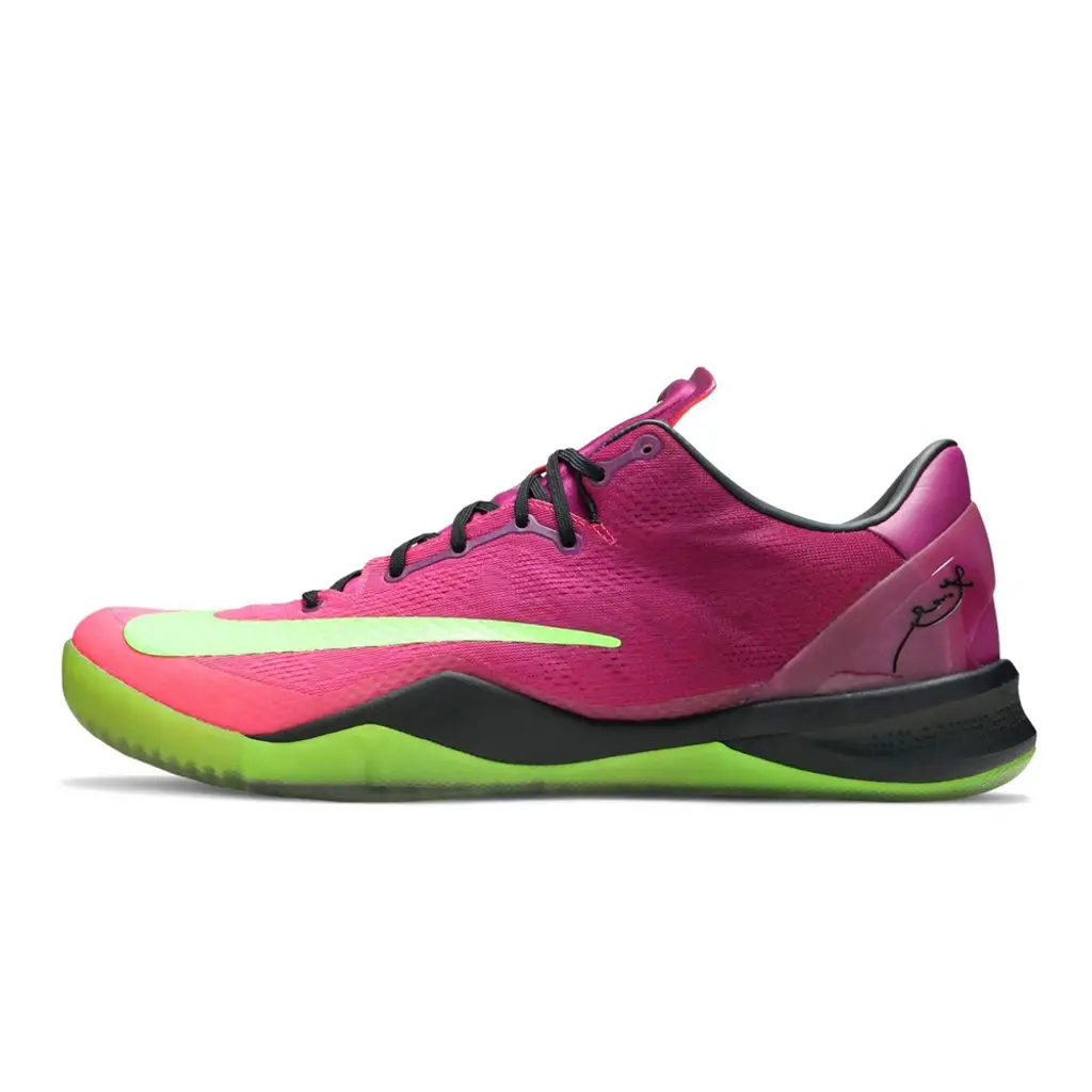 Nike Kobe 8 Protro Mambacurial lateral view showing pink-to-purple gradient upper and Volt Swoosh at toe