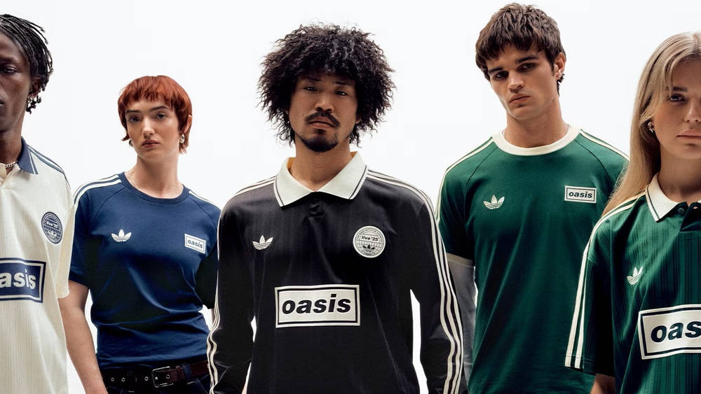 oasis x adidas merch collection drop 2 white green blue and black t shirts and football jerseys collection shot