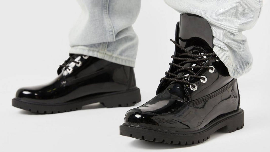 Timberland 6 Inch Premium Waterproof Boots Patent Black On Foot