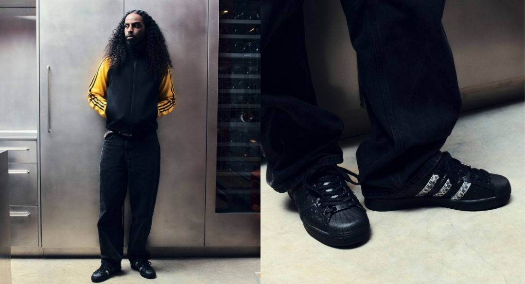 Footpatrol x adidas Consortium Superstar on-feet with dark denim