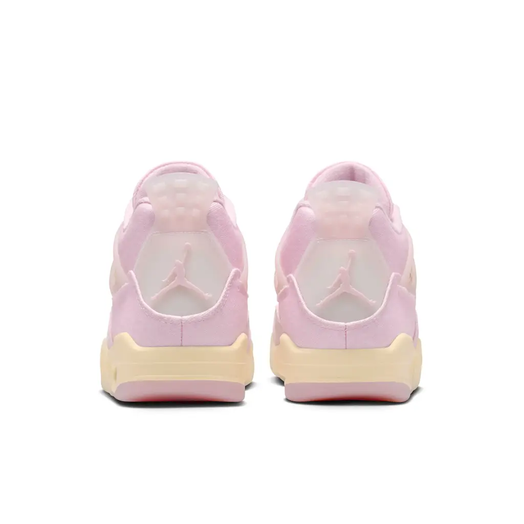 Air Jordan 4 Denim Pink Iced Carmine heel view showing translucent heel tab with pink Jumpman branding