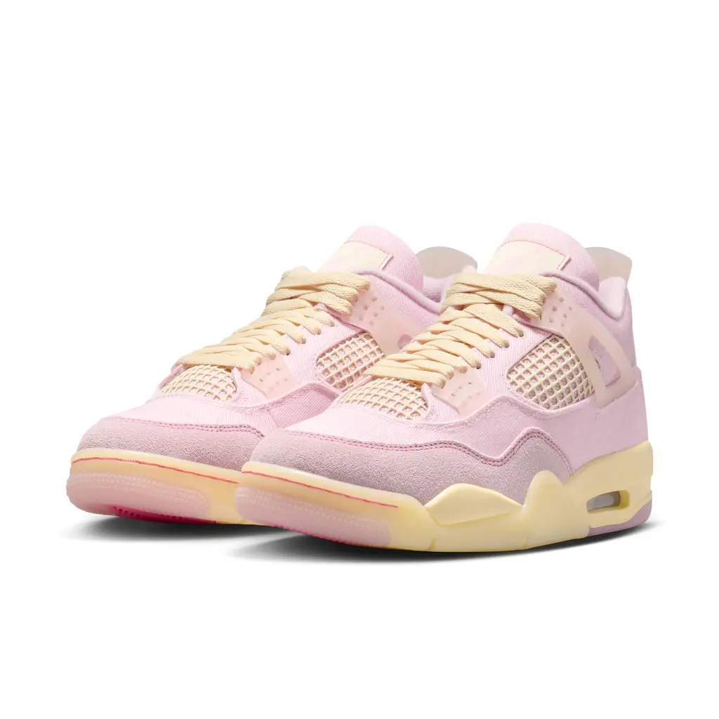 Air Jordan 4 Denim Pink Iced Carmine IB6716-600 hero image showing pink denim upper with translucent wings and Pale Yellow midsole