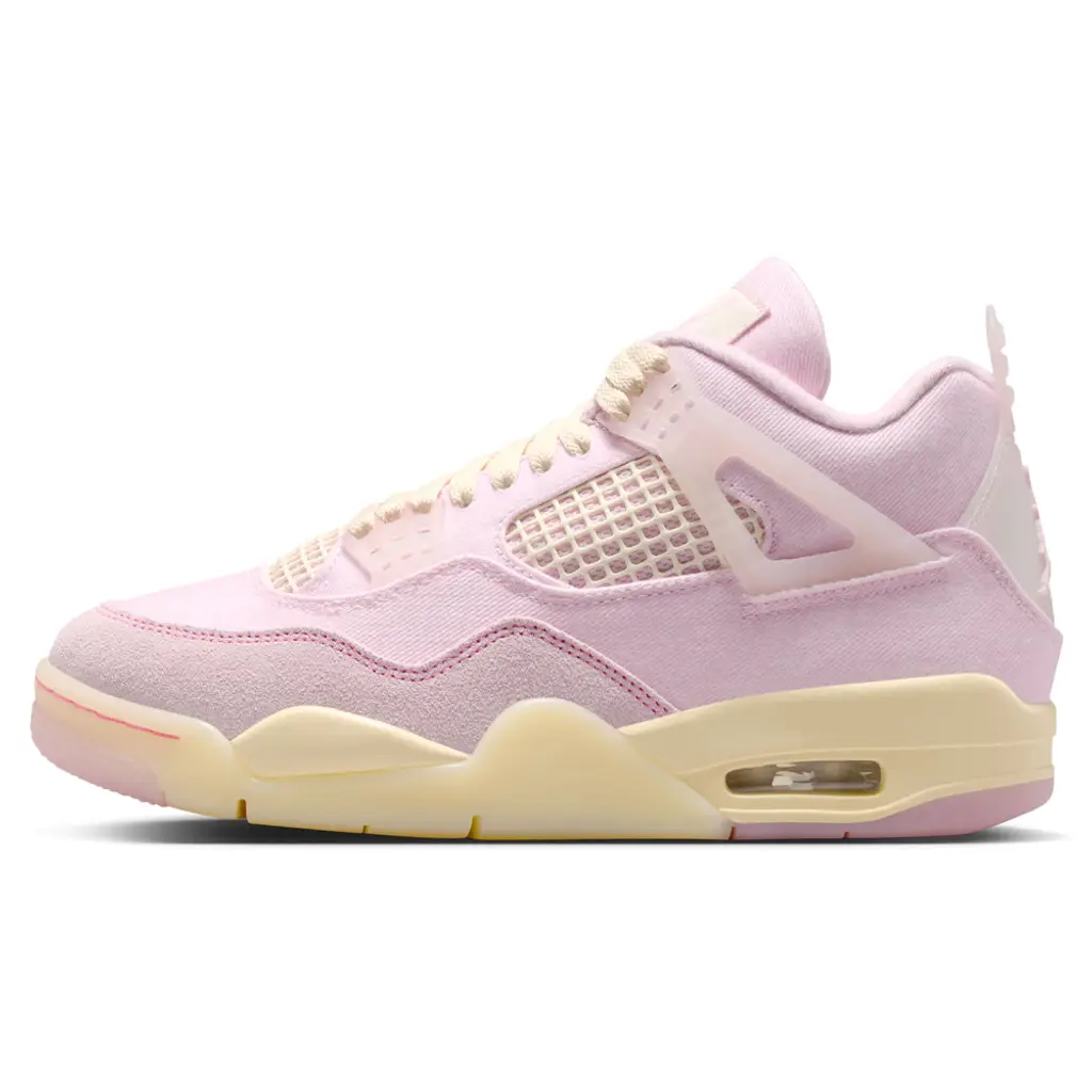 Air Jordan 4 Denim Pink Iced Carmine lateral view showing pink denim upper and Coconut Milk netting