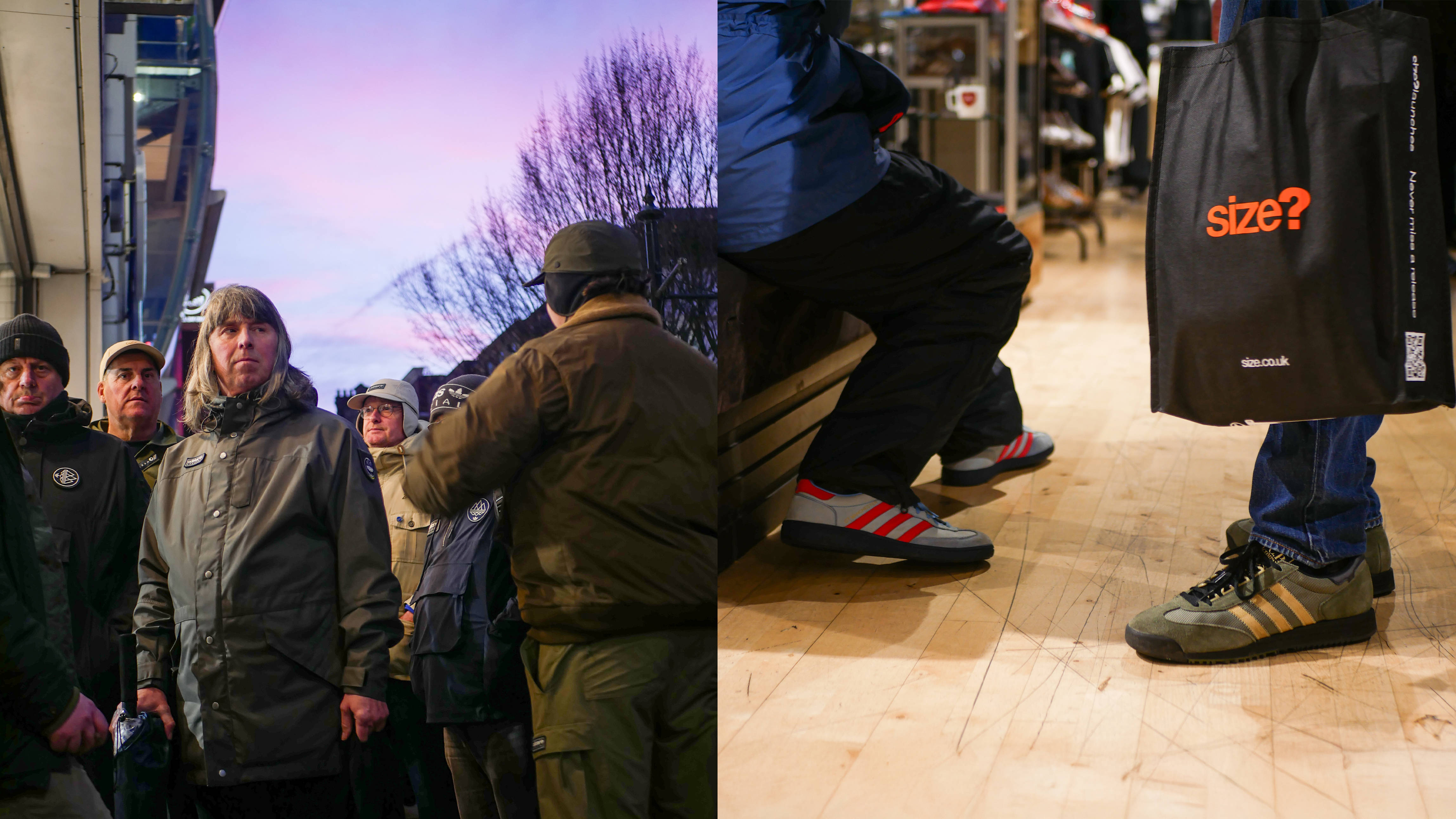 size adida manchester queue 2025 against morning skyline and men wearing adidas SPZL clothing