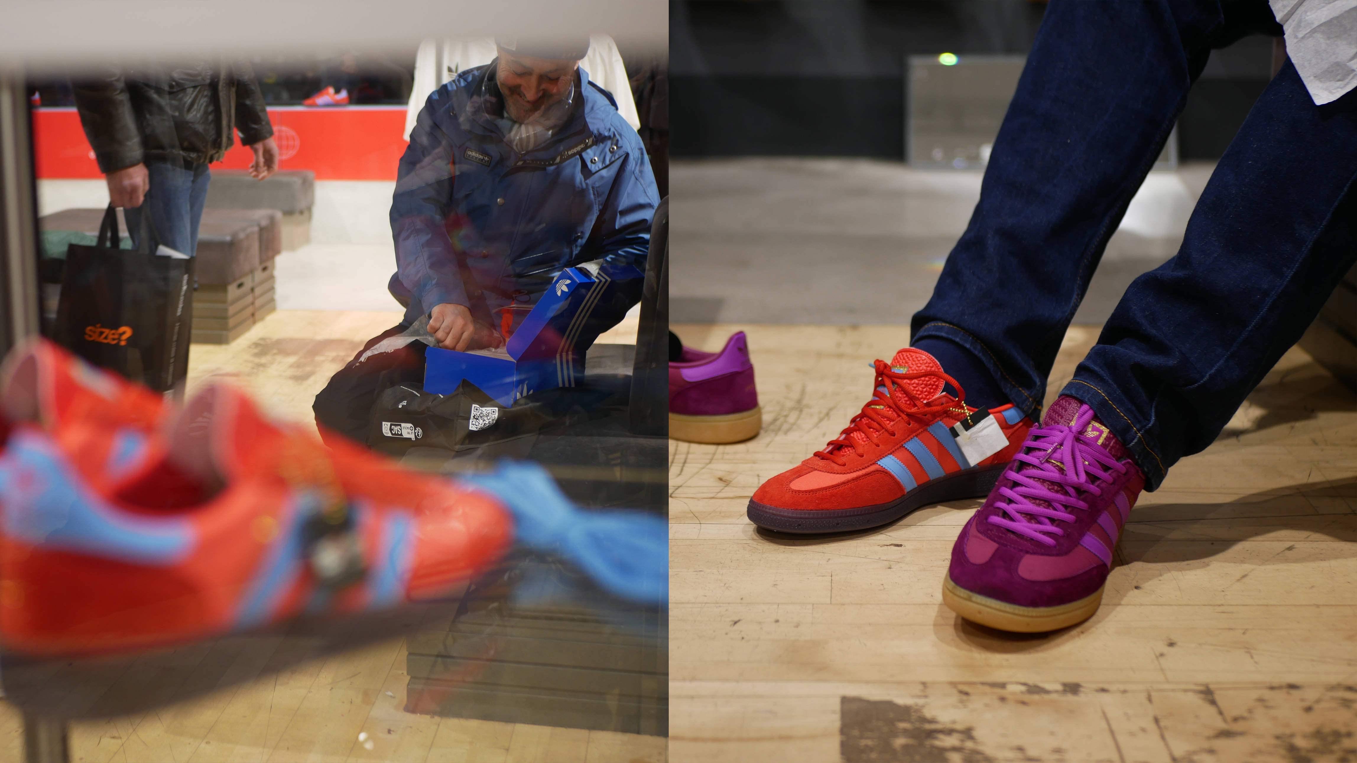 adidas collector unboxing adidas manchester city series shoe in-store at the manchester 2025 city series launch on foot against adidas cordoba