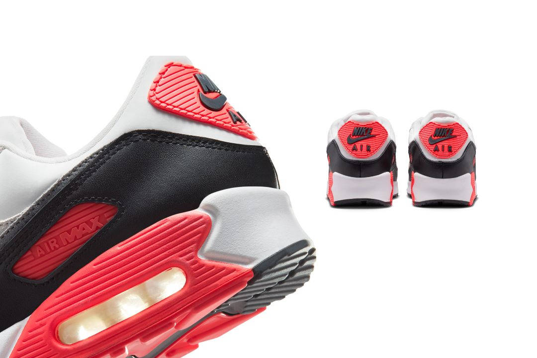 nike air max 90 infrared 2026 heel shots close up and far away professionally lit