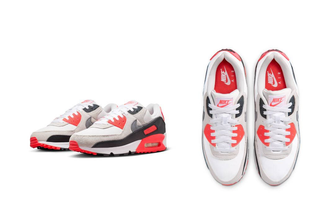 nike air max 90 infrared 2026 top down and angled front side shots