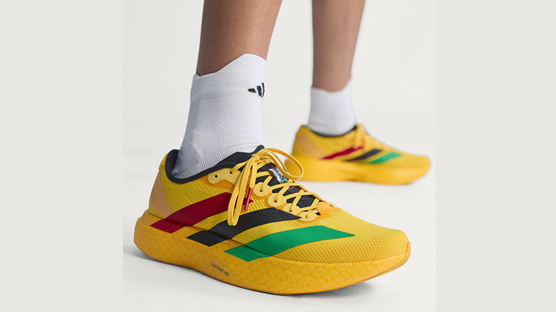 Bob Marley x adidas EVO SL Yellow Multi KJ3625 on foot feature