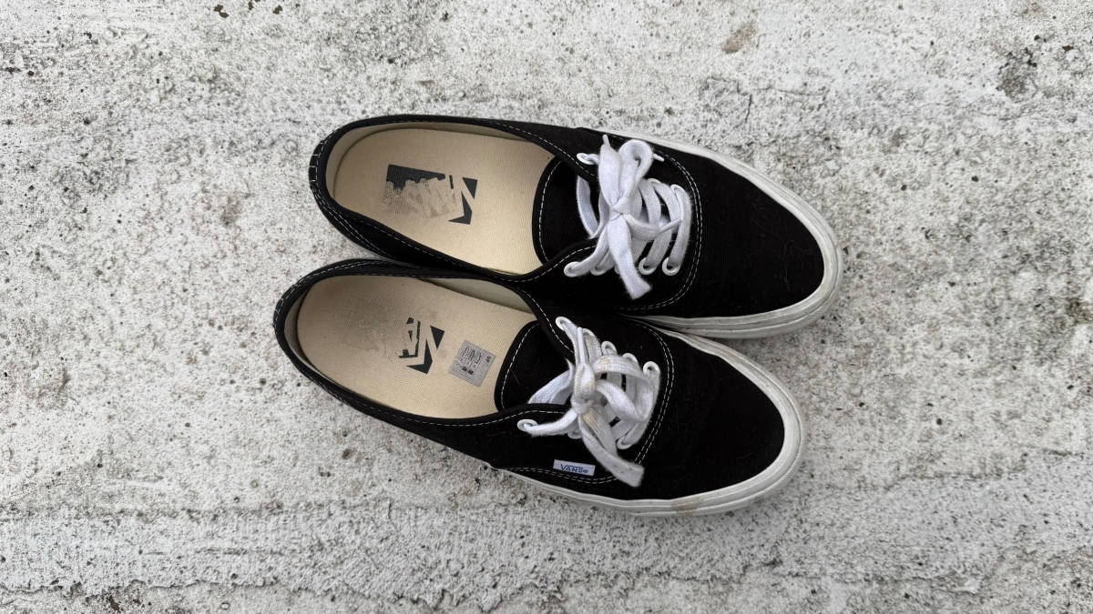 top down shot of a worn pair of Vans DX44 black colourway against dirty concrete wall